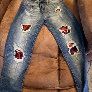 Judy Blue Distressed Blue Jeans with Red Plaid Accents